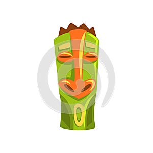 Tribal Hawaiian tiki mask, carved wooden statue cartoon vector Illustration