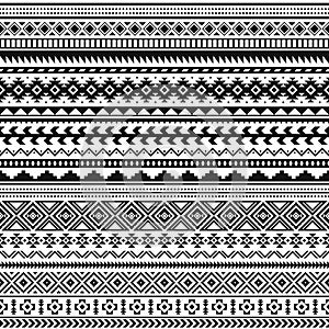 Tribal indian borders. Black white geometric pattern, seamless ethnic print for textile or tattoo, mexican and aztec