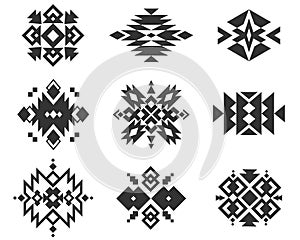 Tribal indian ornaments. Ethnic monochrome geometric patterns. Aztec, american indian and navajo traditional textile