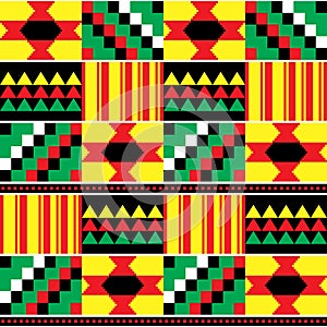 Tribal Kente mud cloth style vector seamless textile pattern, African traditional geometric nwentoma design - rasta colors