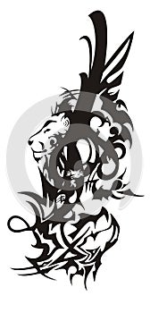 Tribal lion and dragon head symbol with feathers