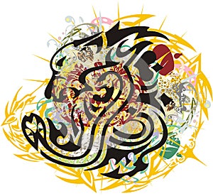 Tribal lion and snake colorful splashes