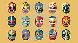 Tribal Lucha Libre wrestling masks icons set. Vector illustration in flat style. Generative AI