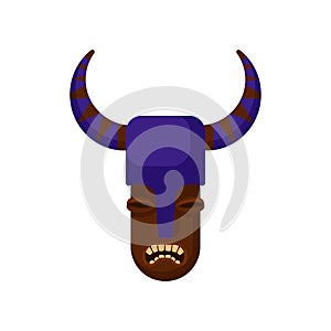 Tribal mask with angry face and purple helmet with horns. Wooden ritual attribute. Flat vector for mobile game or t