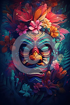 Tribal mask of a South Pacific islander Tiki theme in colorful flowers. Generative Ai