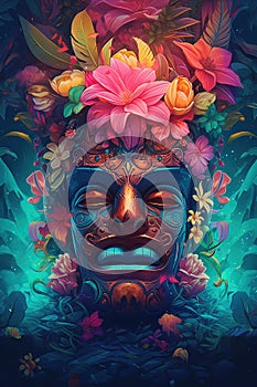 Tribal mask of a South Pacific islander Tiki theme in colorful flowers. Generative Ai