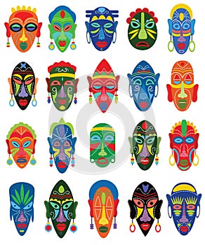 Tribal mask vector African face masque and masking ethnic culture in Africa illustration set of traditional masked