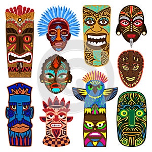 Tribal mask vector masking ethnic culture and aztec face masque illustration set of traditional aborigine masked symbol