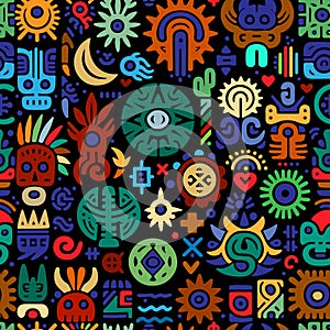 Tribal mexican african ethnic hand drawn doodle symbols and signs seamless pattern. Trendy vector aboriginal background with