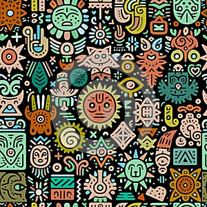 Tribal mexican african ethnic hand drawn doodle symbols and signs seamless pattern. Trendy vector aboriginal background with