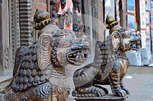 Tribal mythical lion statues in old town of Kathmandu, Nepal