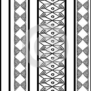 Tribal pattern texture with hand drawn african, aztec, maya creative drawing vector illustration. Black and white stripes patterns