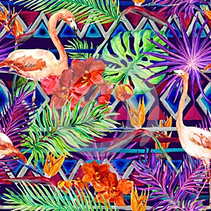 Tribal pattern, tropical leaves, flamingo birds. Repeated native background. Watercolor