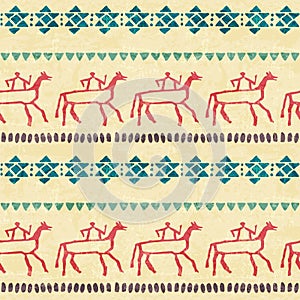 Tribal seamless pattern with stylized riders and archaic geometric ornament