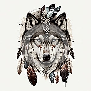 Tribal style wolf with ethnic ornaments and war bonnet on head