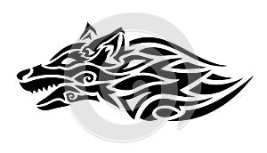 Tribal tattoo art with stylized black wolf head