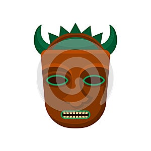 Tribal Tiki mask with green horns and big teeth. Ritual symbol. Flat vector element for mobile game or promo flyer or