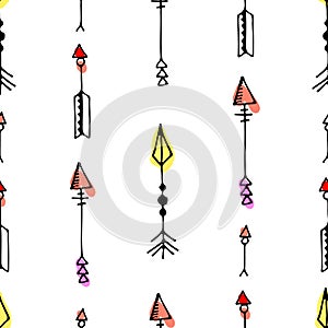 Tribal vintage black arrows on white background. Seamless vector graphic colorful pattern. native american style.