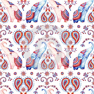 Tribal watercolor seamless pattern: elephant, paisley ornament. Ethnic indian elephants background