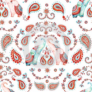 Tribal watercolor seamless pattern: elephant, paisley ornament. Ethnic indian elephants background