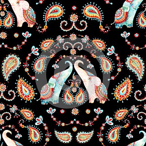 Tribal watercolor seamless pattern: elephant, paisley ornament. Ethnic indian elephants background