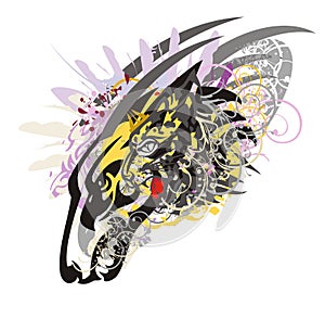 Tribal wolf head splashes with feathers and floral elements