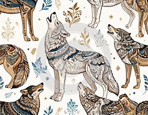 Tribal Wolf Pattern Seamless Background