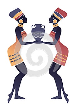 Tribal zodiac. Gemini. Two women with turbans and large round earrings photo