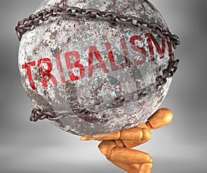 Tribalism and hardship in life - pictured by word Tribalism as a heavy weight on shoulders to symbolize Tribalism as a burden, 3d photo