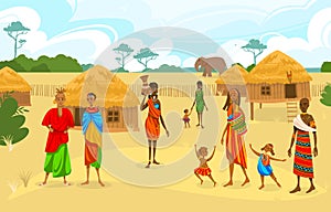 Tribe ethnic people in Africa flat vector illustration, cartoon African woman with jug, family characters standing near