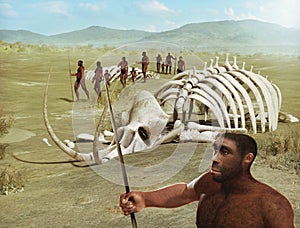 A tribe of human ancestors, Homo Erectus, wanders through the savannah past mammoth skeletons