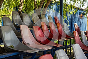 Rows of multi-colored beach volleyball tribune seats