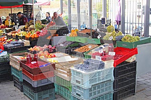 Tribune of fruits, berries and vegetables in the old town of Vilnius, Lithuania