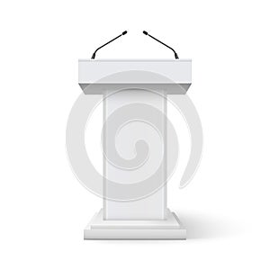 Tribune podium rostrum speech stand. Conference stage with microphone, press or debate speaker isolated orator pulpit photo