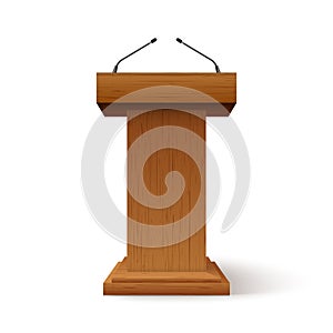 Tribune podium rostrum speech stand. Conference stage with microphone, press or debate speaker isolated orator pulpit