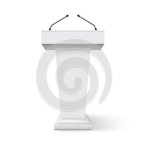 Tribune podium rostrum speech stand. Conference stage with microphone, press or debate speaker isolated orator pulpit