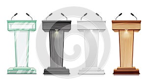 Tribune Set Vector. Podium Rostrum Stand With Microphones. Business Presentation Or Conference, Debate Speech Isolated