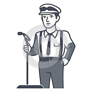 Tribune speaker man wearing cap with microphone icon. Public speaking symbol. Conference glyph pictogram vector illustration