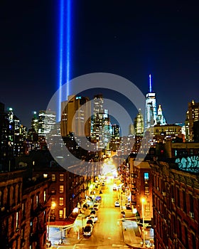 9/11 Tribute in Light and the New York City`s Lower Manhattan Downtown Skyline to commemorate the Memory of September 11, 2001