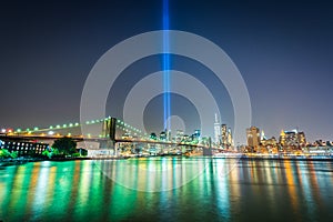 The Tribute in Light over the Manhattan Skyline at night, seen f