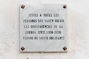 Tribute plaque in Sitges cemetery. Spanish Civil War photo