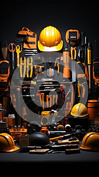 Tribute to laborers Array of construction tools showcased on black backdrop, embracing Labor Day