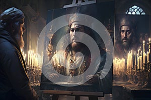 Tribute to the master painters of years gone by, painting of a painter painting 16th century king by candlelight, created with