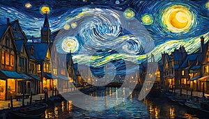 A Tribute to Vincent van Gogh. Starry night over a small town river.