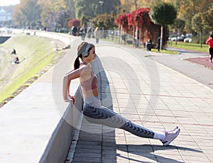 Triceps workout. At the street. Fit girl . Love sport .
