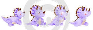 Triceratops . Cute dinosaur cartoon characters . Watercolor paint design . Set 16 of 20 . Vector