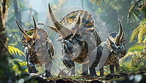 Triceratops family, featuring the iconic three-horned herbivores in a family grouping