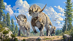 Triceratops family, featuring the iconic three-horned herbivores in a family grouping