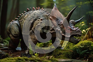 Triceratops in green jungle forest, herbivore dinosaur rendering. Generative AI