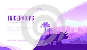 Triceratops on nature background with rocks, palmtrees.